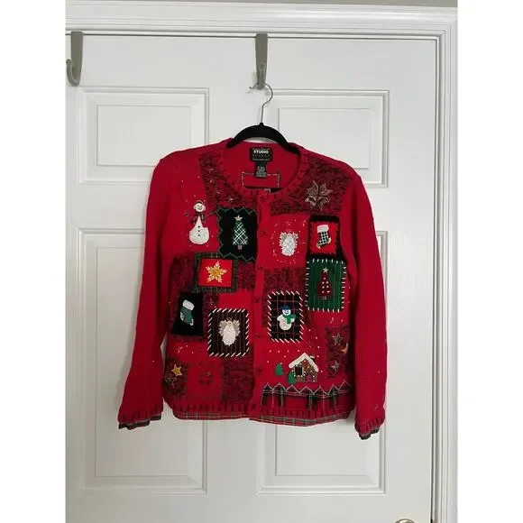 Vintage Knitted Ugly Christmas Patchwork Holiday Sweater Button Up - Picture 1 of 1